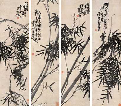 蒲华 风竹 四屏